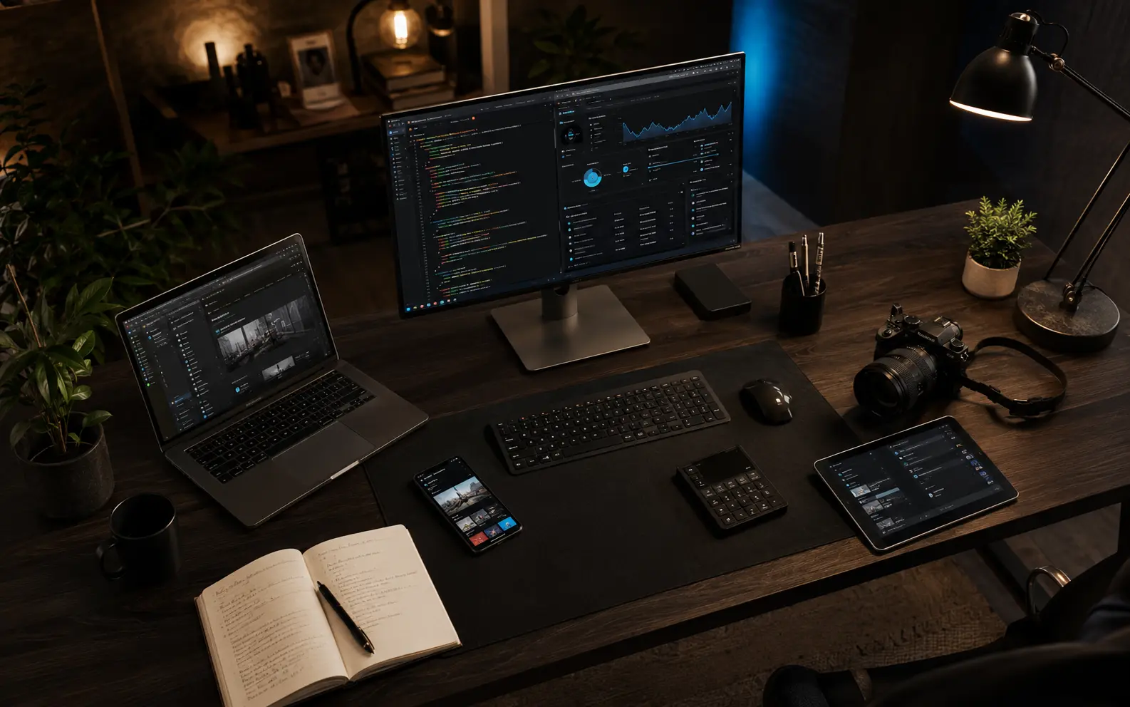 Ecossistema digital integrado com computadores, aplicativos, dados e automações