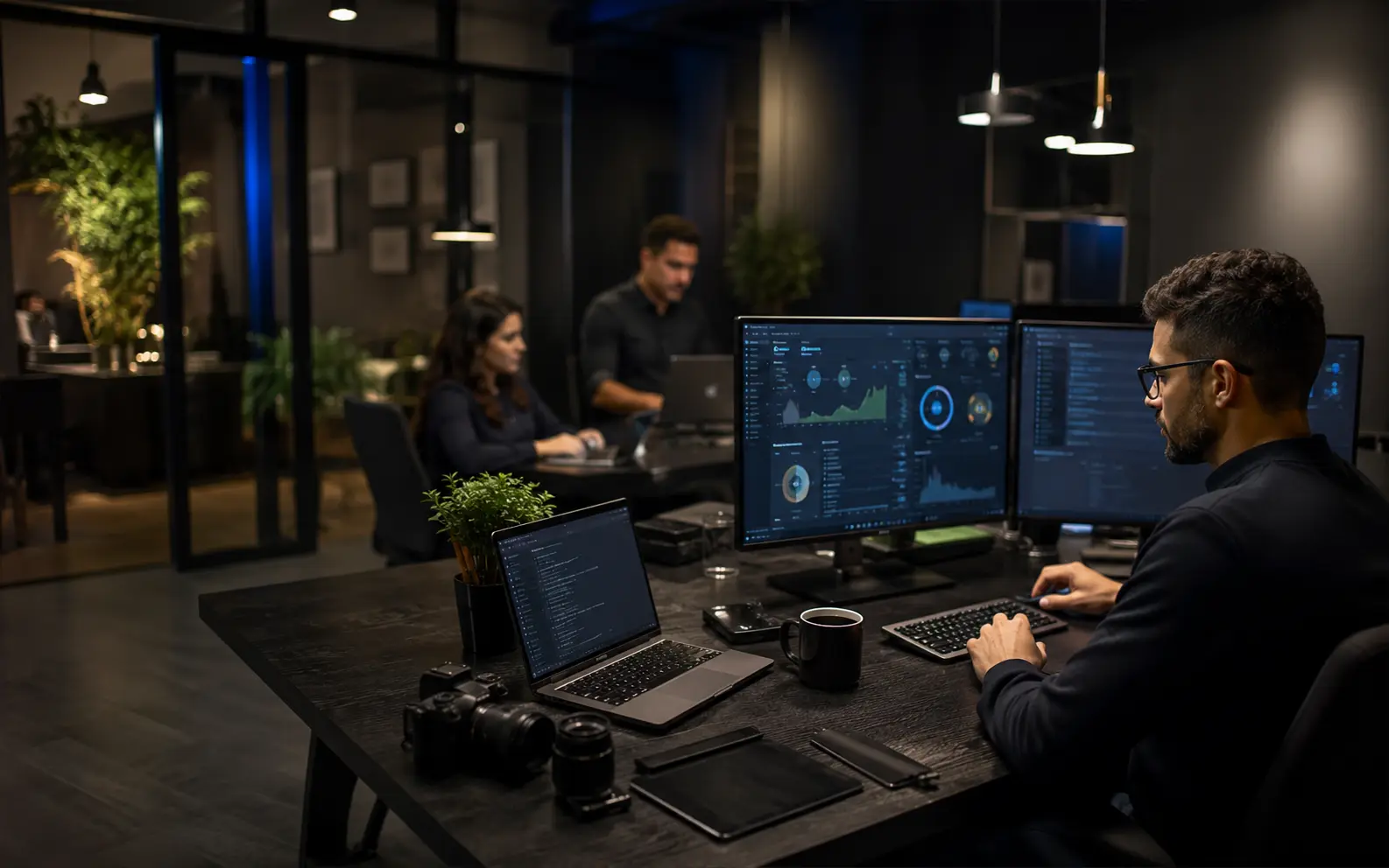 Ambiente profissional da Mike Development com tecnologia, desenvolvimento e automação