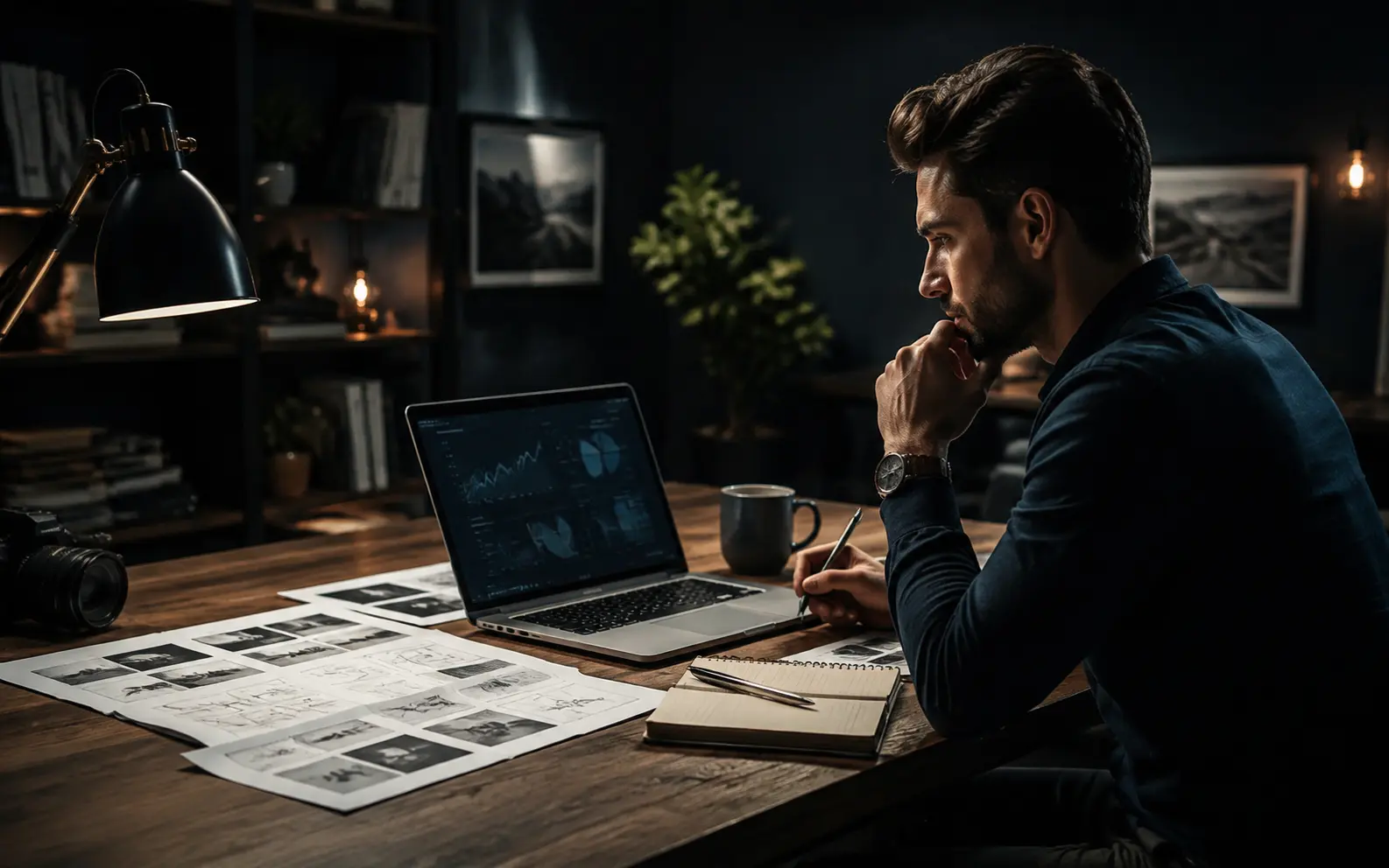 Equipe planejando uma landing page em mesa de escritório escura